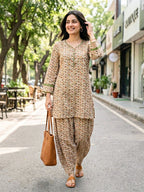 Ivory beige cotton mul paisley co-ord set with Croatia lace trims, casual wear by KARCHOBI featuring colorful paisley print.