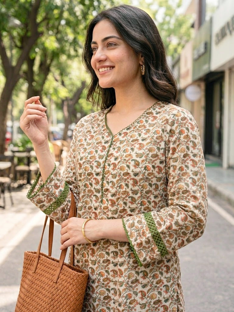 Ivory beige cotton mul paisley co-ord set with Croatia lace trims, casual wear by KARCHOBI featuring colorful paisley print