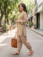 Ivory beige cotton Mul paisley co-ord set with Croatia lace trims, casual wear from KARCHOBI featuring colorful paisley print.