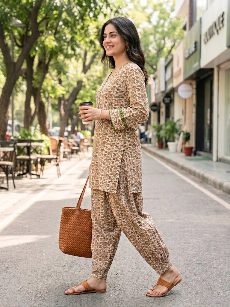 Ivory beige cotton Mul paisley co-ord set with Croatia lace trims, casual wear from KARCHOBI featuring colorful paisley print.
