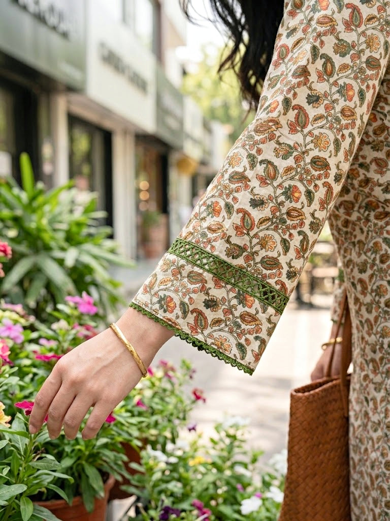 Ivory beige cotton Mul Paisley co-ord set with Croatia lace trims, featuring colorful paisley print and casual Afghan salwar style.