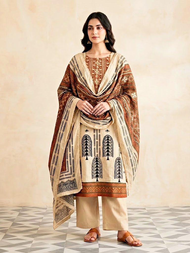 Beige rust muslin cotton ajrak suit set with kurta, pants, and dupatta featuring intricate gota work and traditional print.