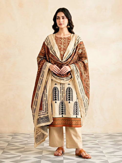 Beige rust muslin cotton ajrak suit set with kurta, pants, and dupatta featuring intricate gota work and traditional print.