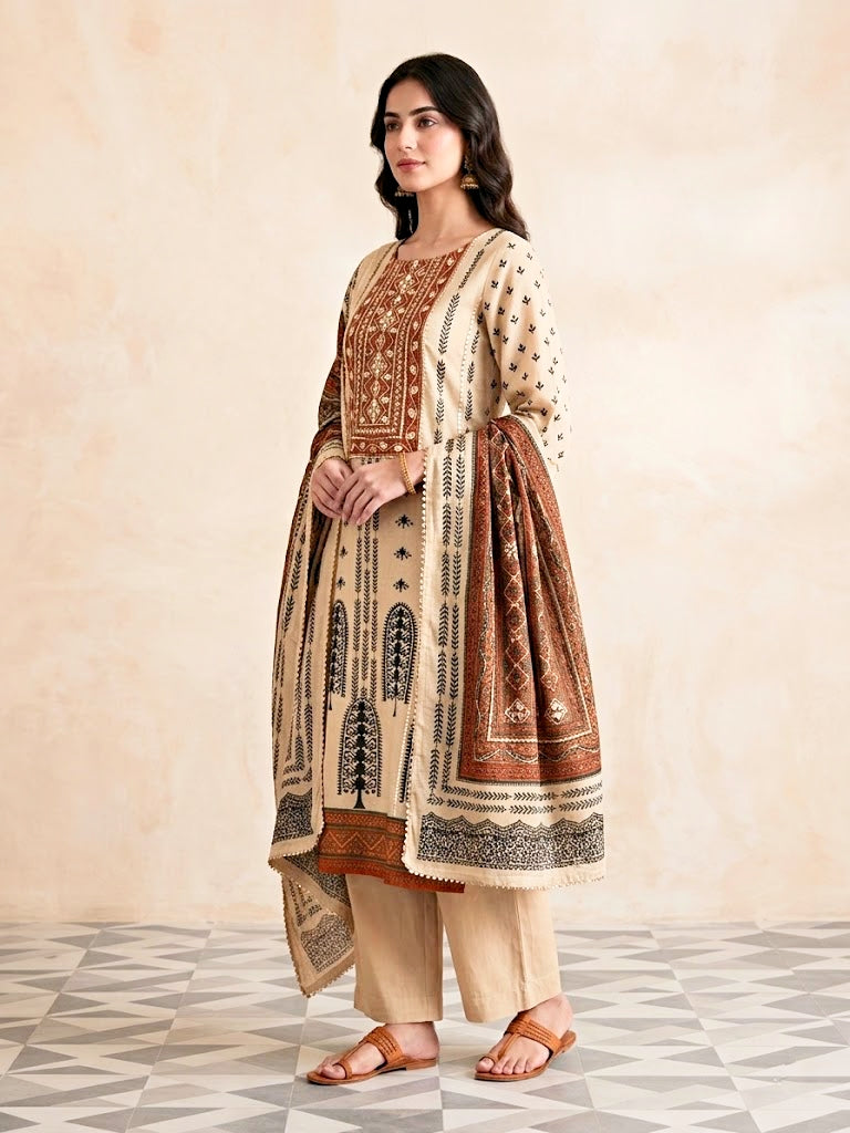 Beige rust muslin cotton Ajrak suit set with intricate print, Gota work, kurta, pants, and dupatta for women by Karchobi.