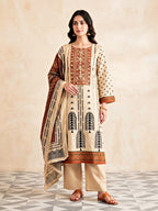 Beige rust muslin cotton ajrak suit set with kurta, pants, and dupatta featuring traditional print and gota work.