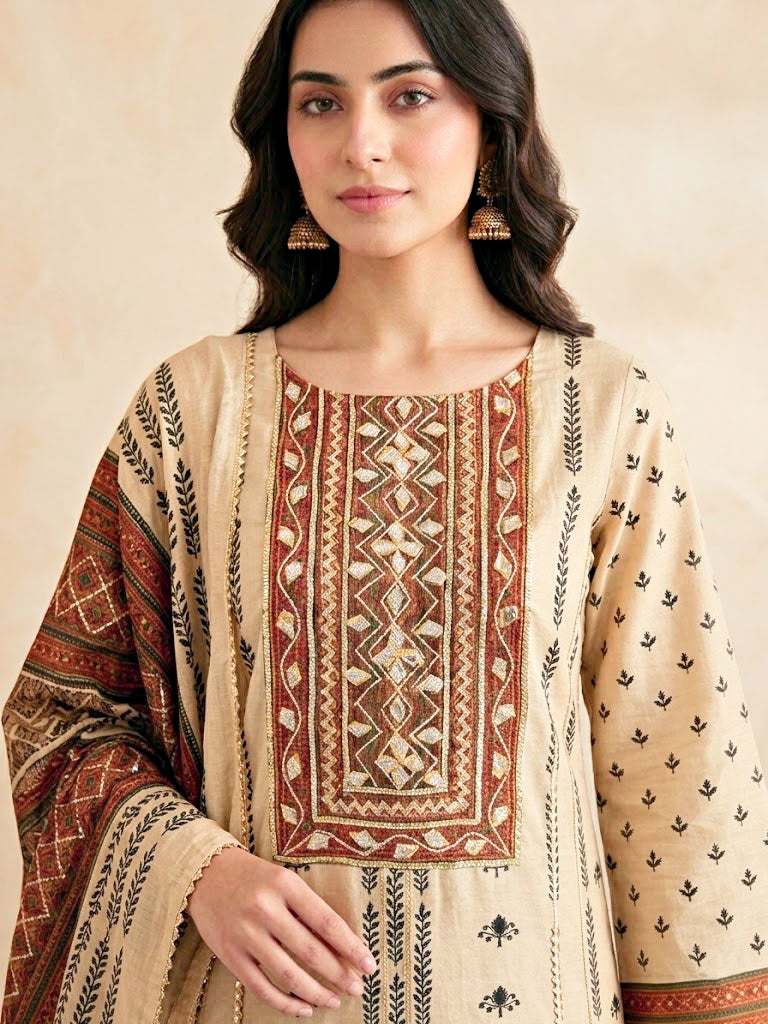 Beige rust muslin cotton Ajrak suit set with Gota work, includes kurta, pants, and dupatta, by Karchobi.