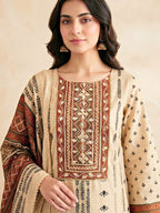 Beige rust muslin cotton Ajrak suit set with Gota work, includes kurta, pants, and dupatta, by Karchobi.