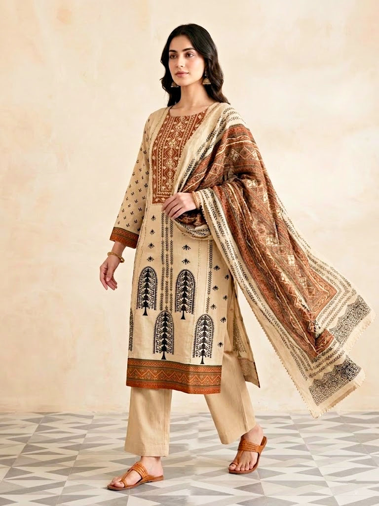 Beige rust muslin cotton ajrak suit set with kurta, pants, and dupatta featuring traditional print and gota work.
