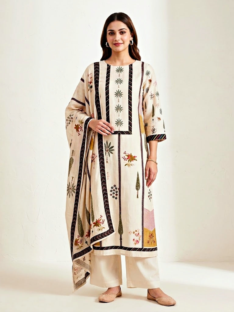Cream muslin cotton suit set with floral and tree prints, includes kurta, pants, and dupatta by Karchobi.
