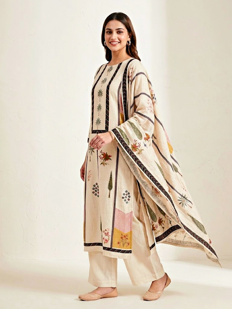 Cream muslin cotton suit set by Karchobi featuring floral and tree prints with kurta, pants, and dupatta for women.