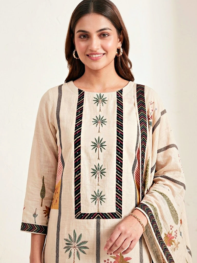 Cream floral muslin cotton suit set with kurta, pant, and dupatta from Karchobi, featuring delicate tree print designs for women.