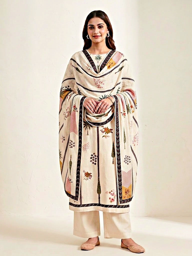 Ivory cream muslin cotton suit set with floral and tree prints, includes kurta, pants, and dupatta, by Karchobi.