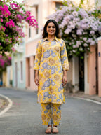 MUSTARD YELLOW BOTANICAL KURTA PANT CO-ORD SET - KARCHOBI
