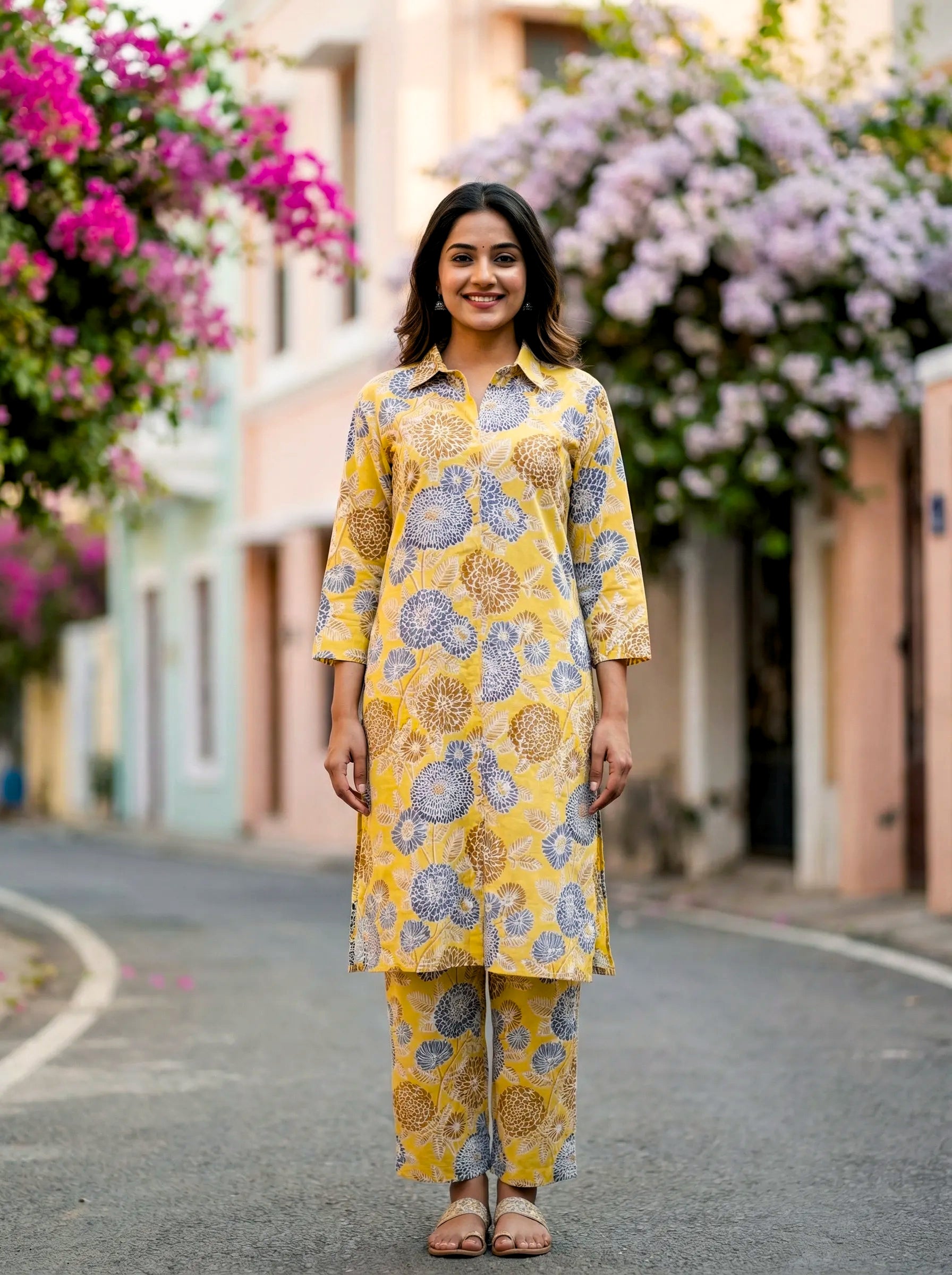 MUSTARD YELLOW BOTANICAL KURTA PANT CO-ORD SET - KARCHOBI