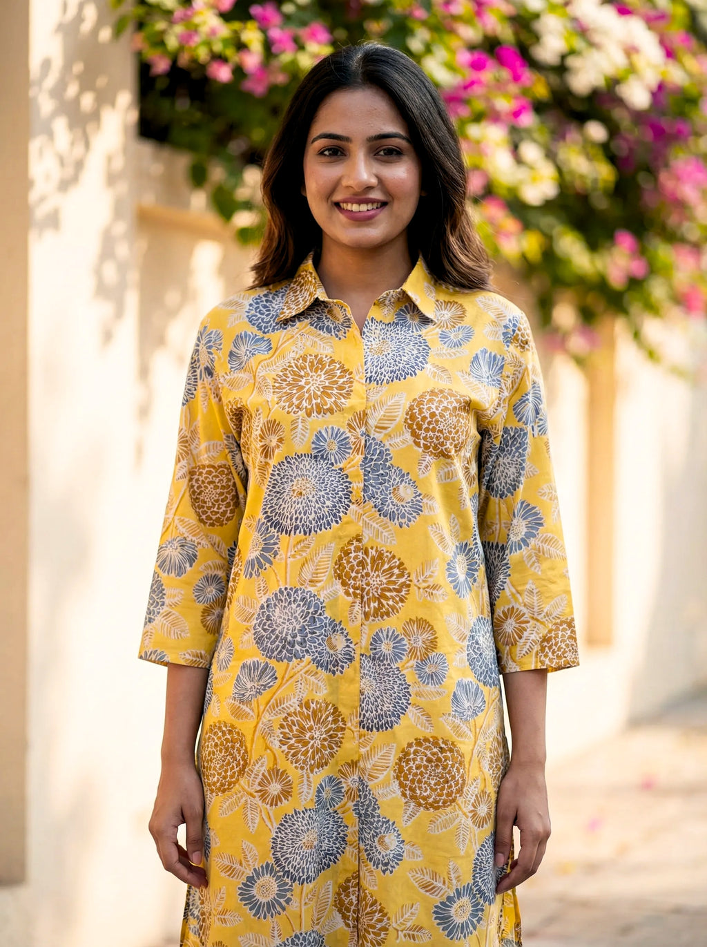 MUSTARD YELLOW BOTANICAL KURTA PANT CO-ORD SET - KARCHOBI