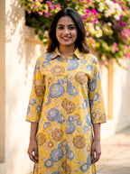 MUSTARD YELLOW BOTANICAL KURTA PANT CO-ORD SET - KARCHOBI