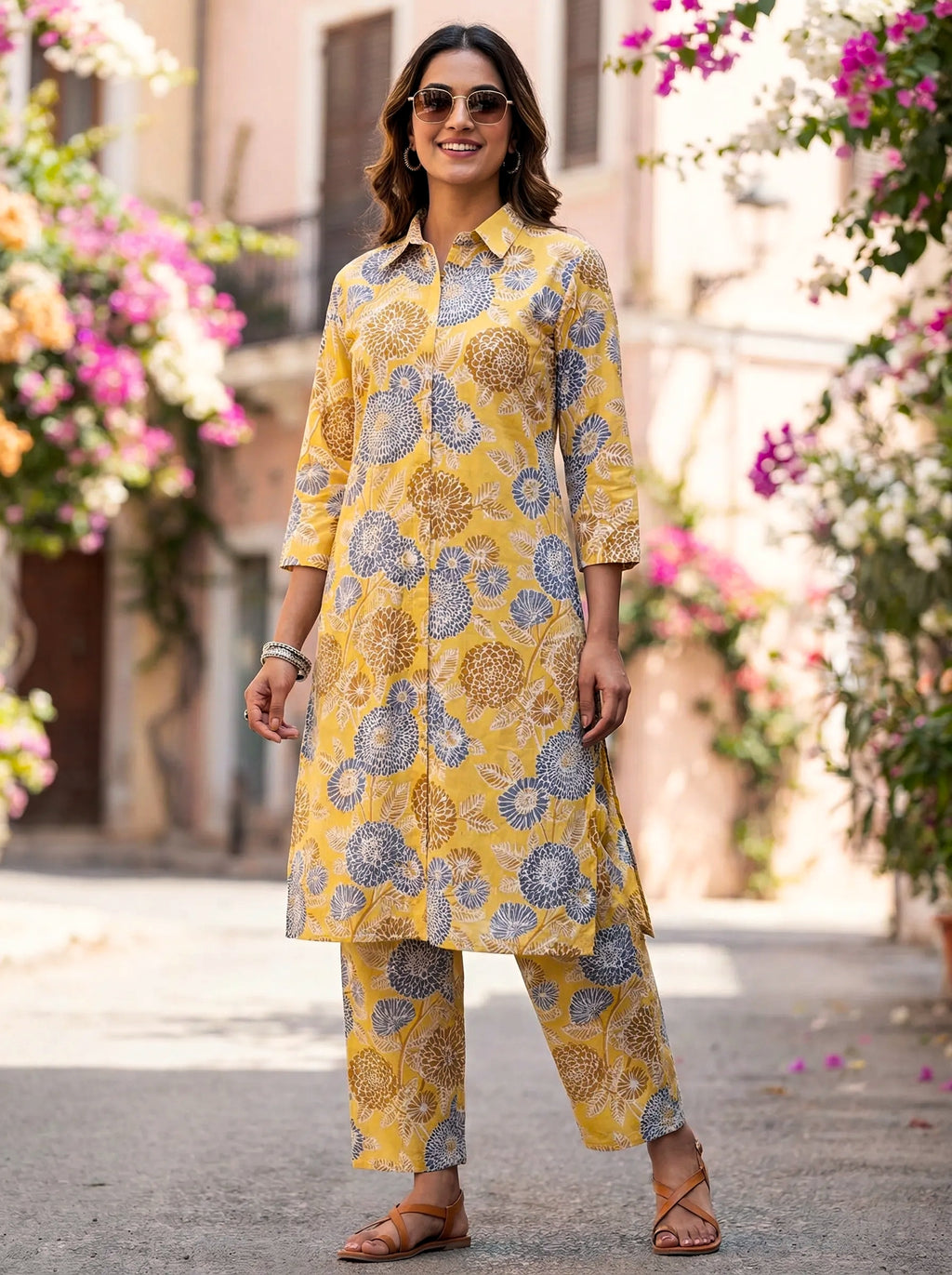 MUSTARD YELLOW BOTANICAL KURTA PANT CO-ORD SET - KARCHOBI