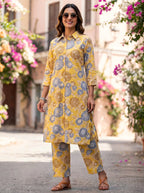MUSTARD YELLOW BOTANICAL KURTA PANT CO-ORD SET - KARCHOBI