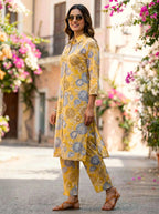 MUSTARD YELLOW BOTANICAL KURTA PANT CO-ORD SET - KARCHOBI