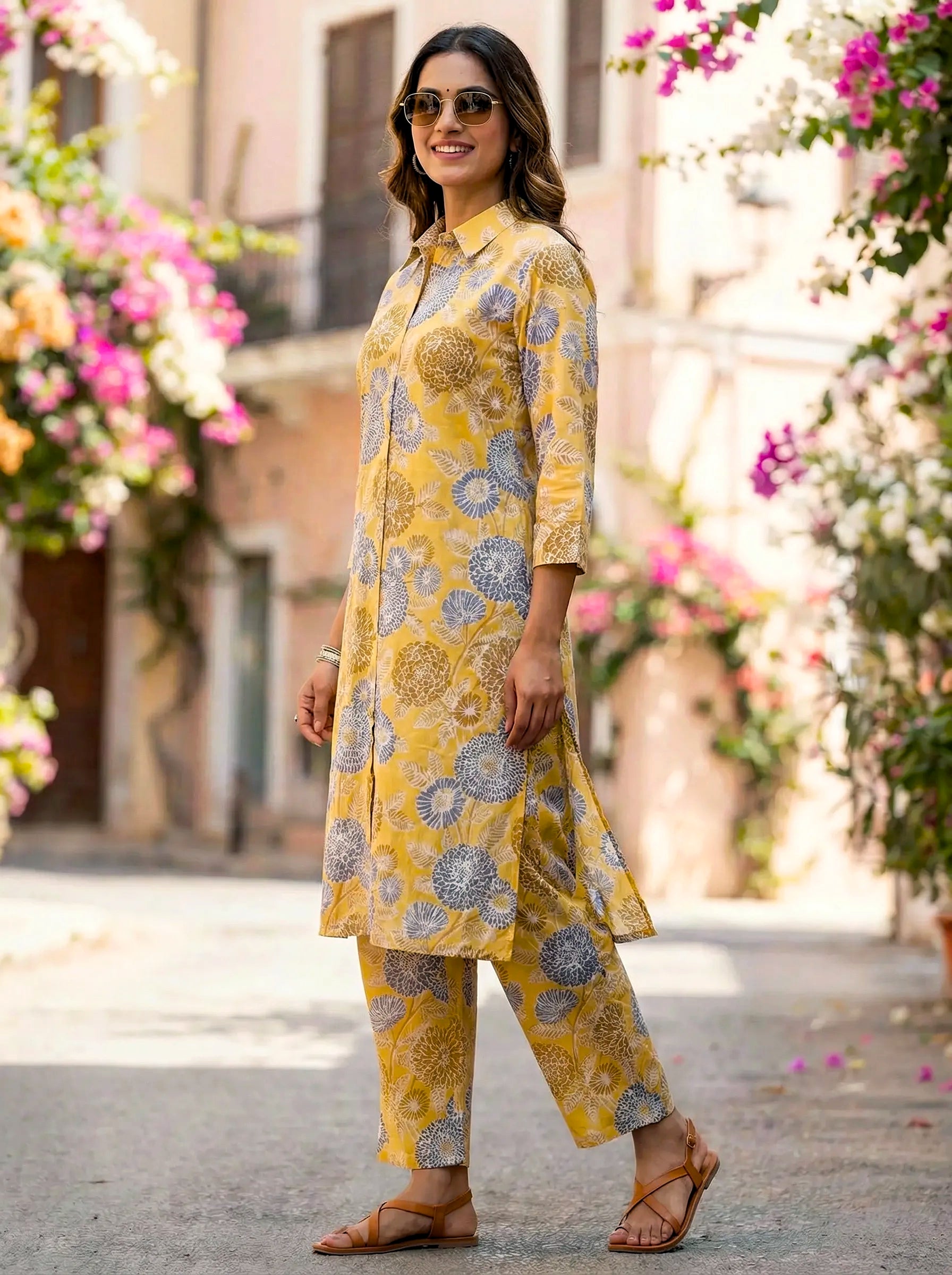 MUSTARD YELLOW BOTANICAL KURTA PANT CO-ORD SET - KARCHOBI