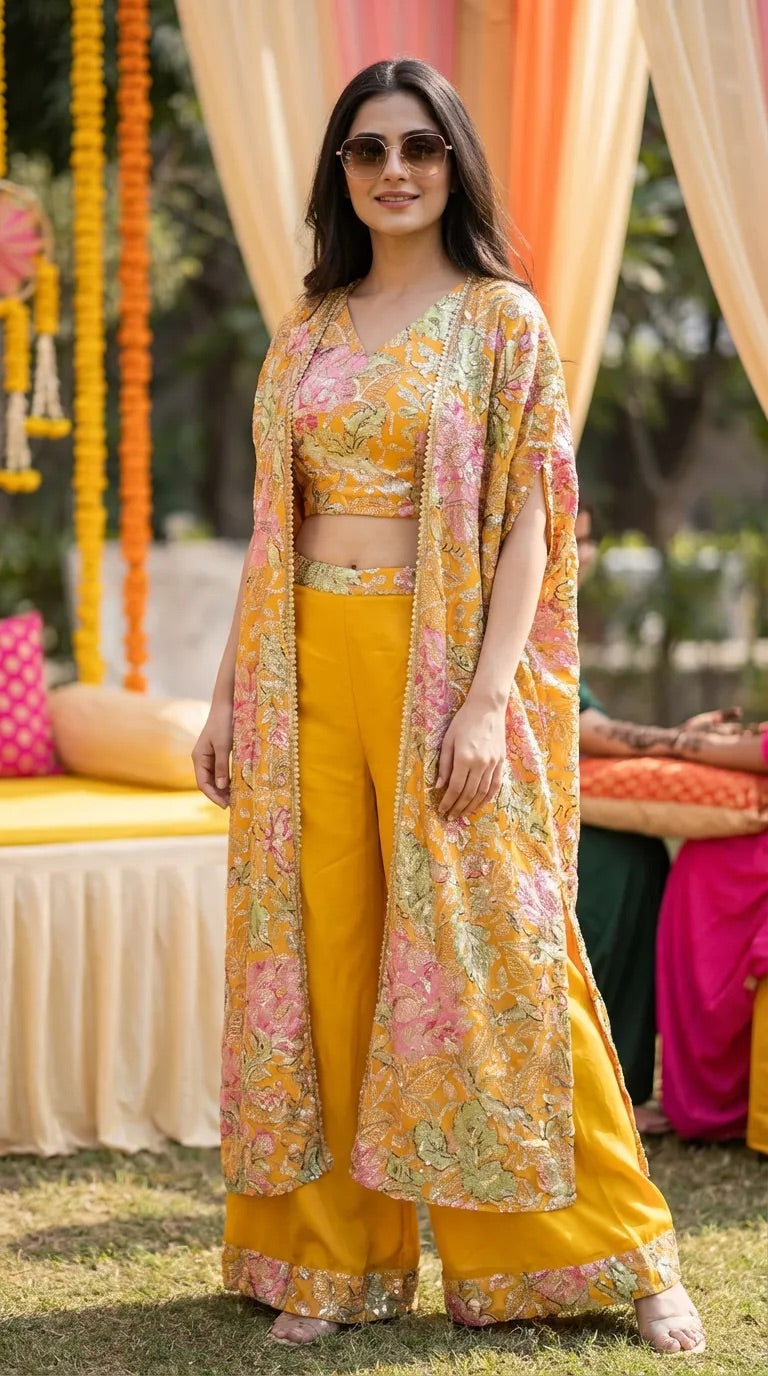 Woman wearing mustard yellow floral sequin embroidered crop top sharara cape set from Karchobi