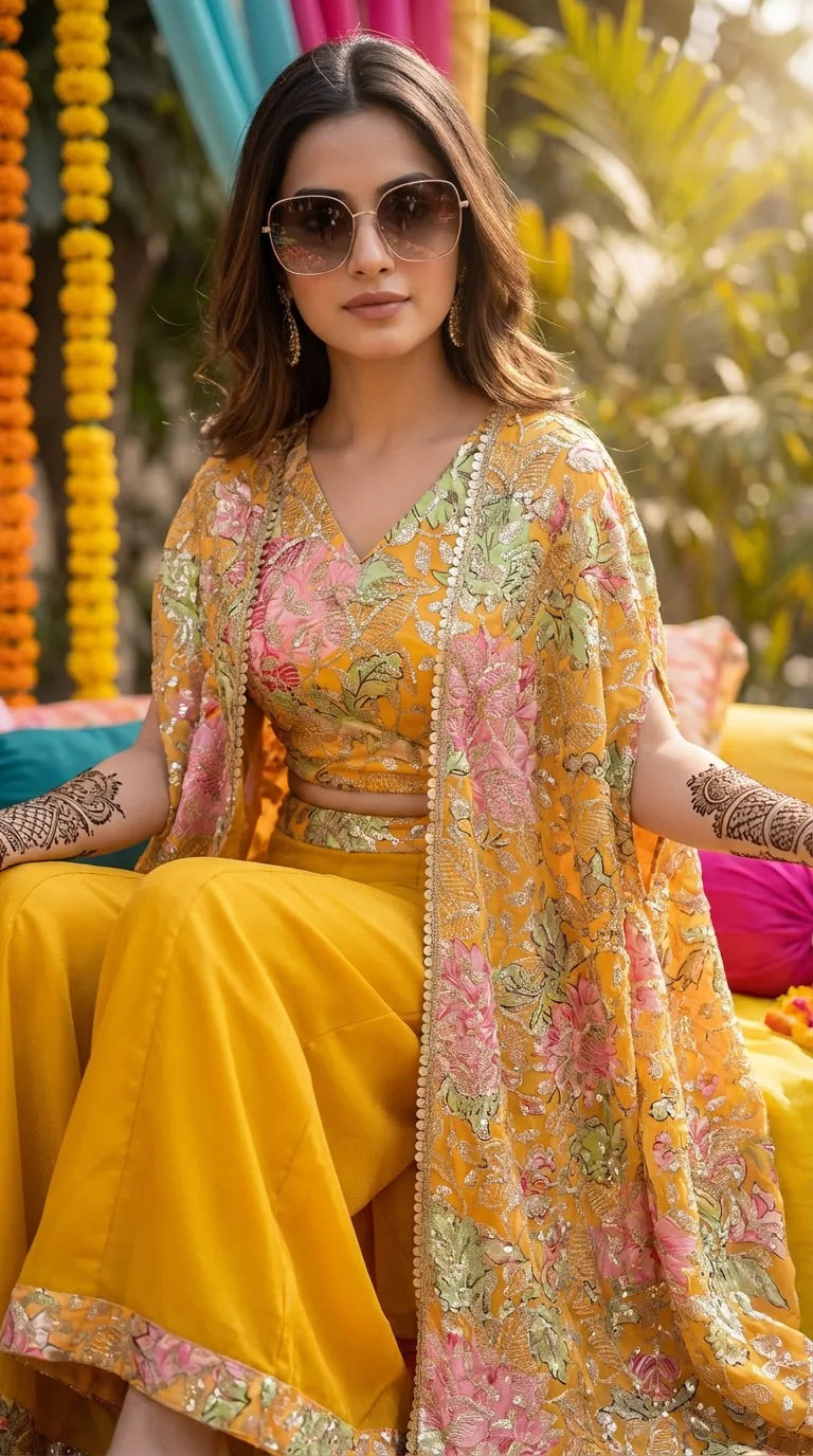 Woman in mustard yellow floral sequin embroidered crop top sharara cape set by Karchobi