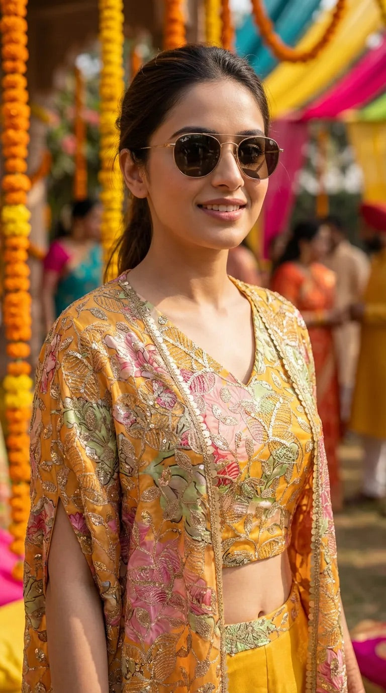 Woman wearing a mustard yellow floral sequin embroidered crop top sharara cape set at an outdoor event, Karchobi occasion wear collection.