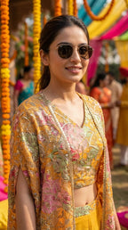 Woman wearing a mustard yellow floral sequin embroidered crop top sharara cape set at an outdoor event, Karchobi occasion wear collection.