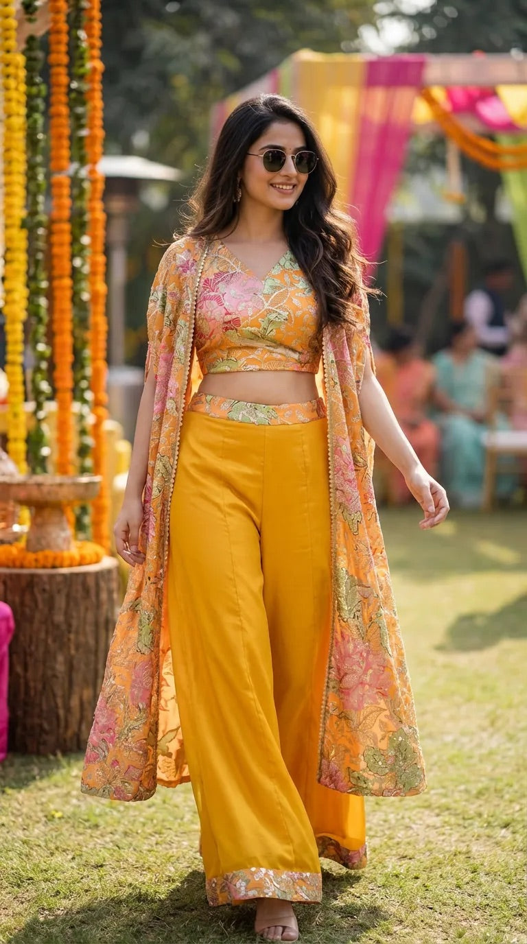 Woman in mustard yellow floral sequin embroidered crop top sharara cape set, outdoor event