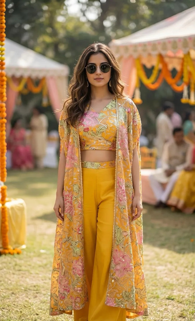 Woman in mustard yellow floral sequin crop top sharara set with cape at outdoor event, Karchobi style