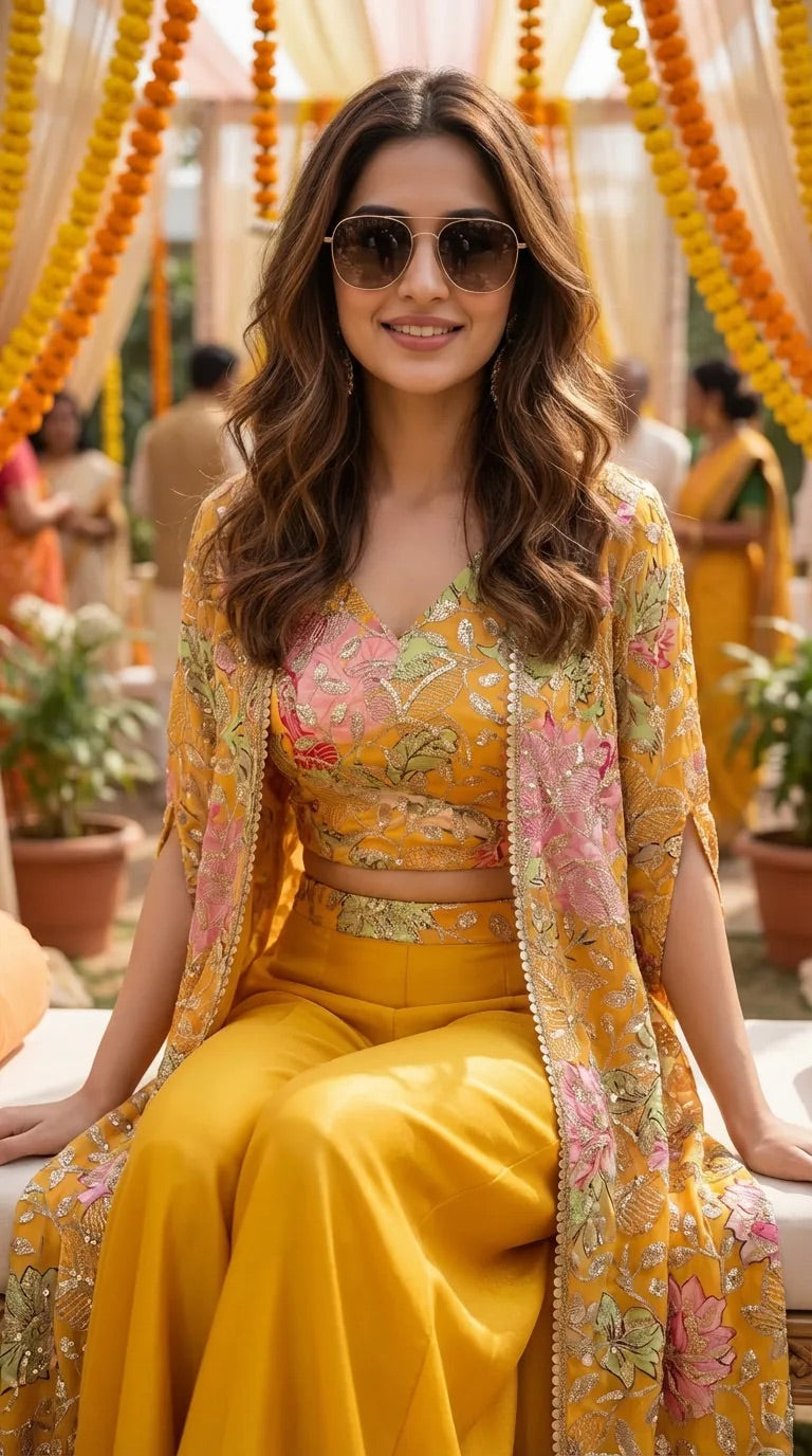 Woman in mustard yellow floral sequin embroidered crop top sharara cape set by Karchobi