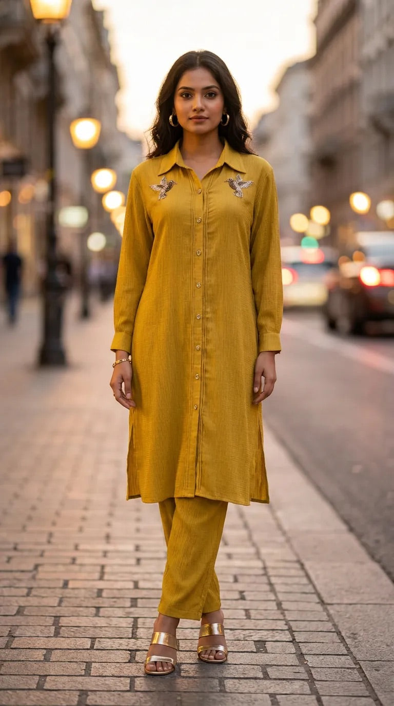 Woman wearing Karchobi mustard yellow textured long shirt coord set with sequin bird motifs
