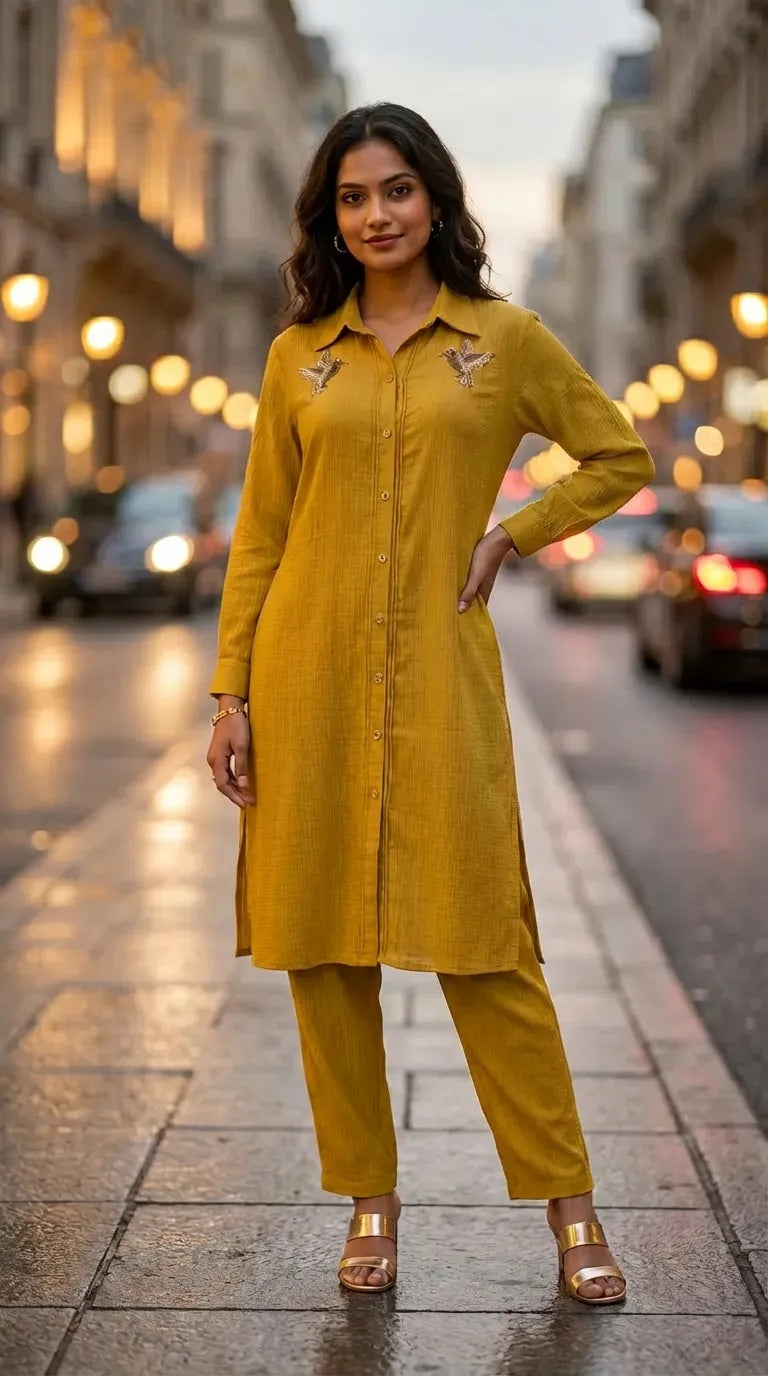 Woman wearing mustard yellow textured long shirt co-ord set with sequin bird motifs, Karchobi fashion, street background