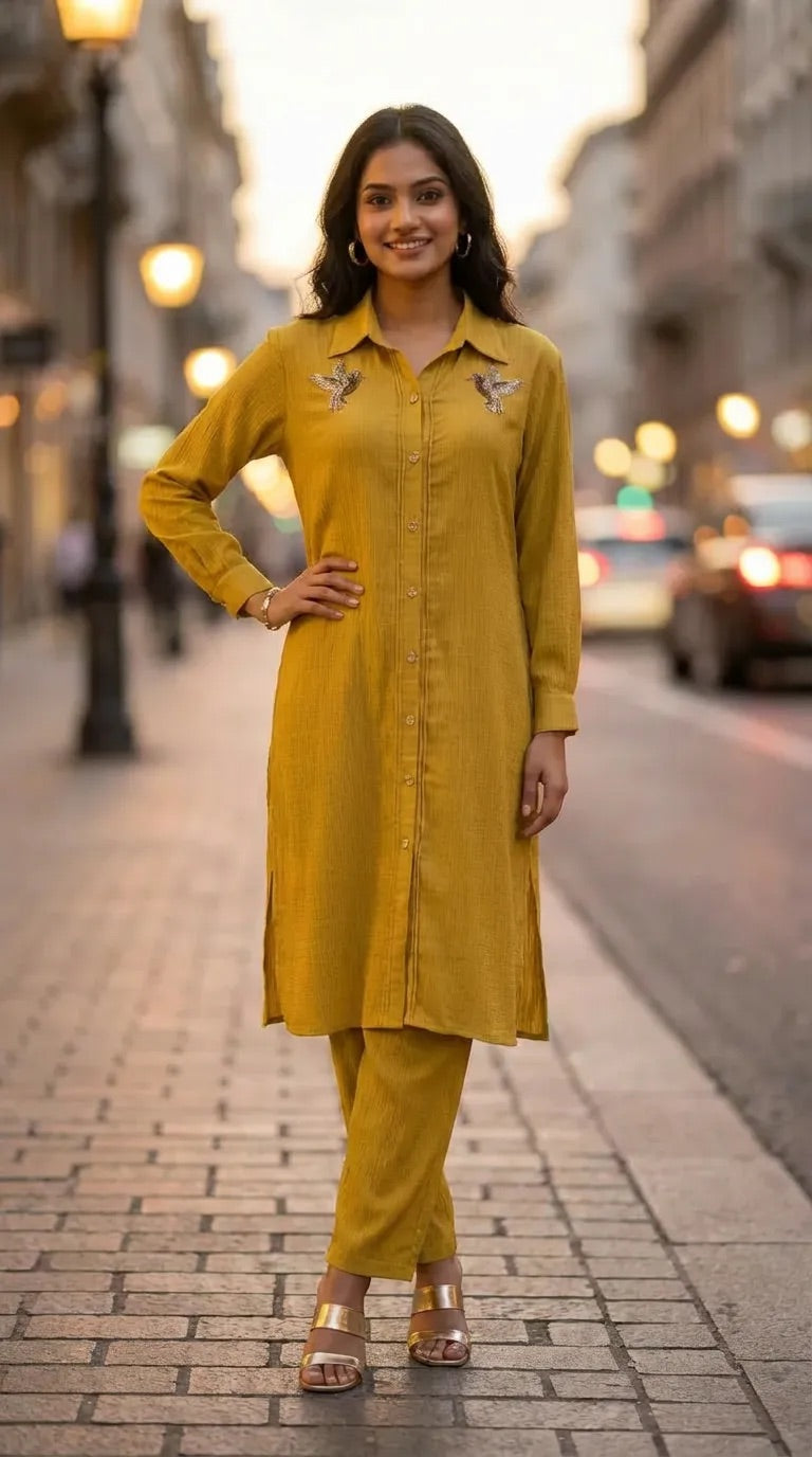 Woman wearing Karchobi mustard yellow textured long shirt co-ord set with sequin bird motifs, standing on a city street.