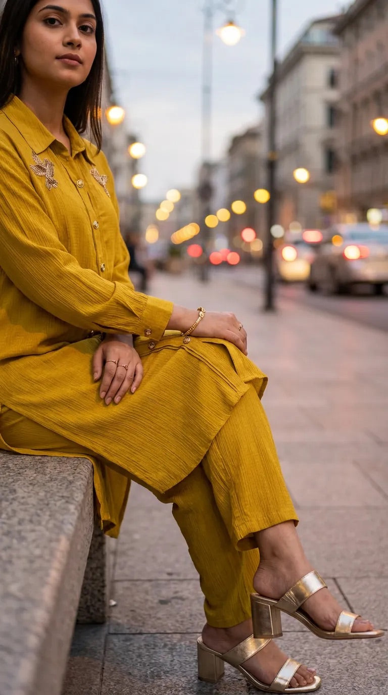 Woman wearing Karchobi mustard yellow textured long shirt and pants with sequin bird motifs, seated on a city street bench.