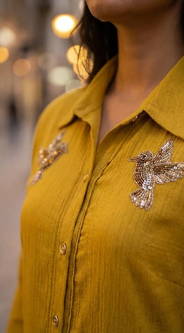 Mustard yellow textured long shirt with sequin bird motifs from Karchobi women's clothing