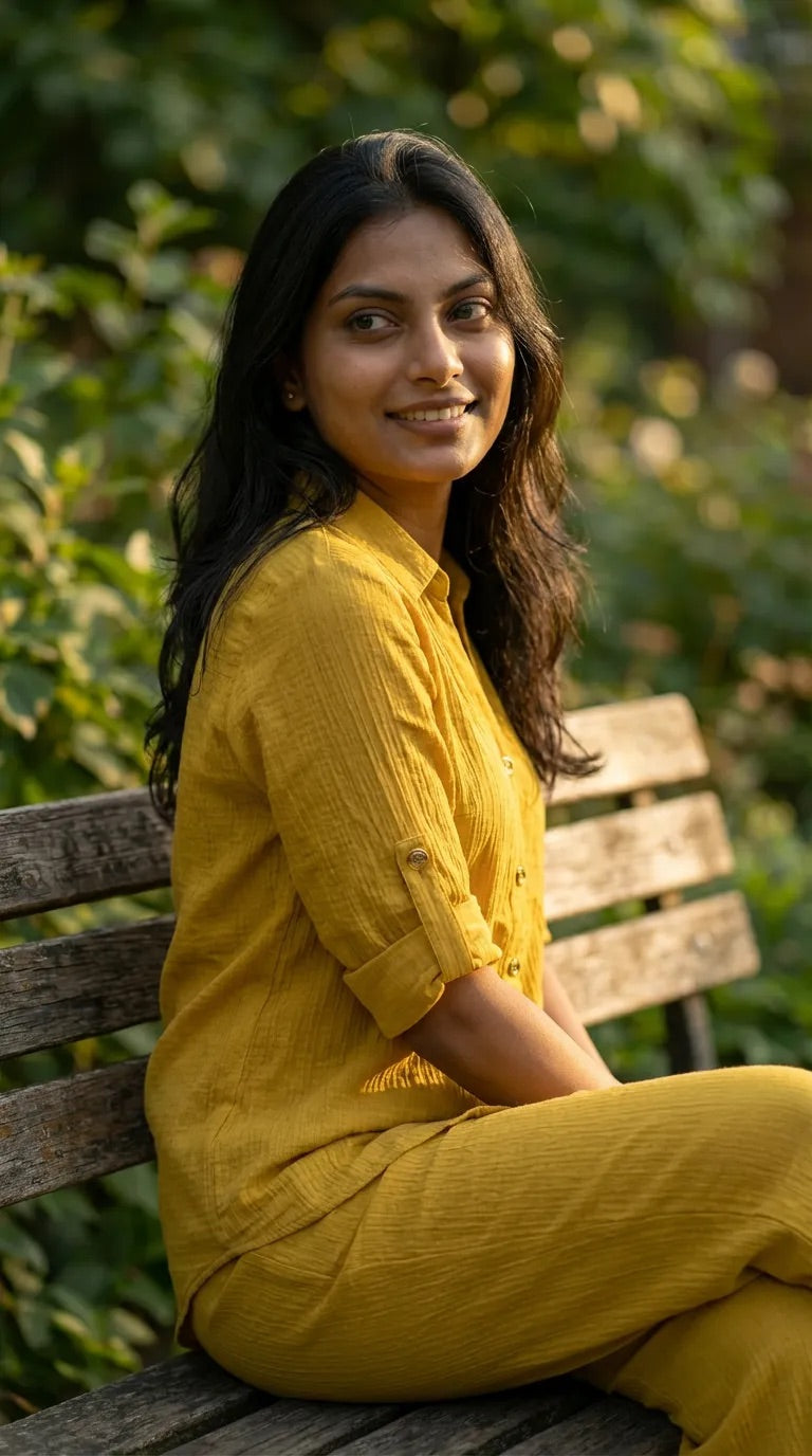 Woman in mustard yellow textured shirt co-ord set sitting on a bench outdoors, Karchobi fashion