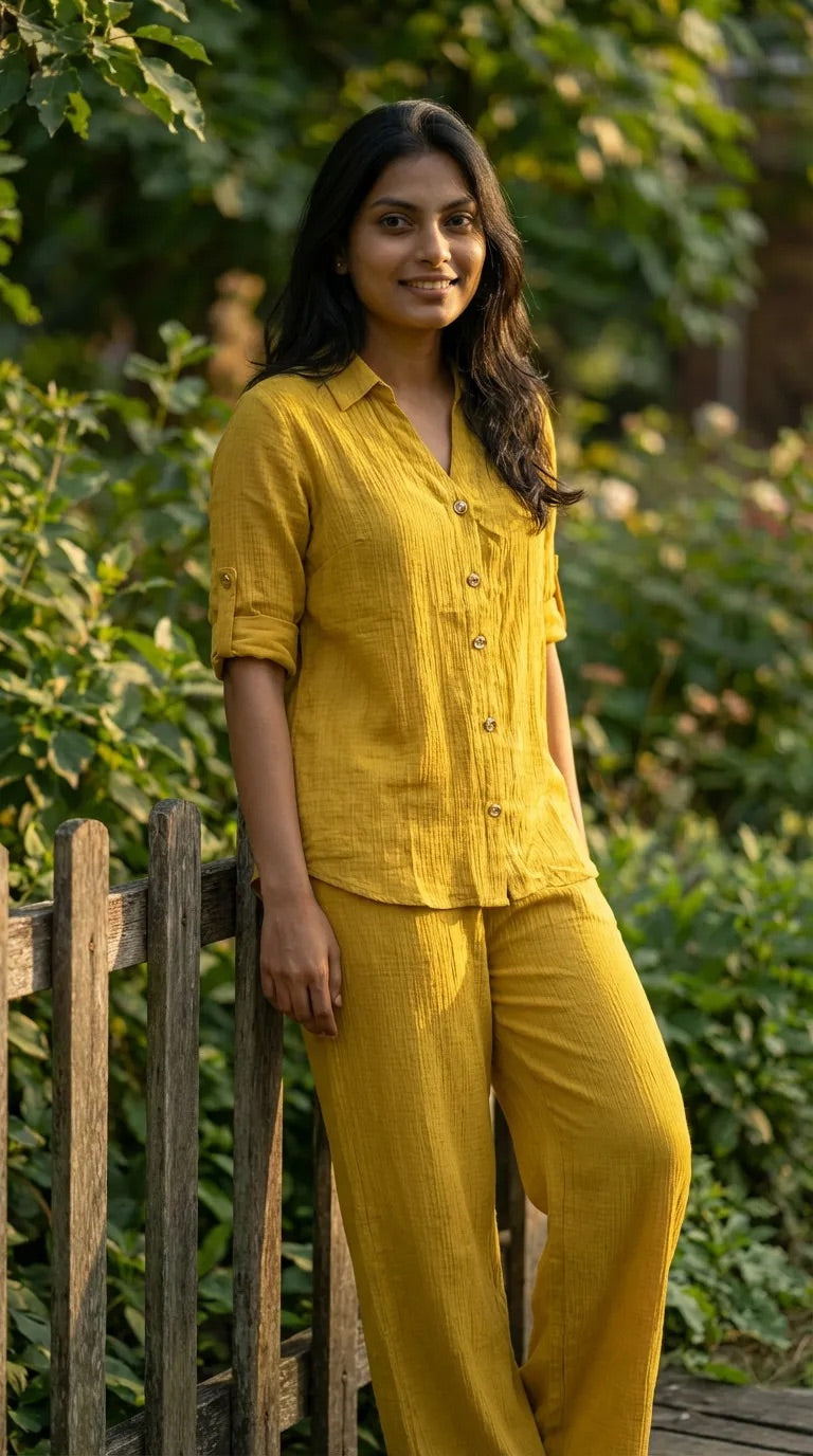 Woman in mustard yellow textured shirt co-ord set from Karchobi, standing outdoors.