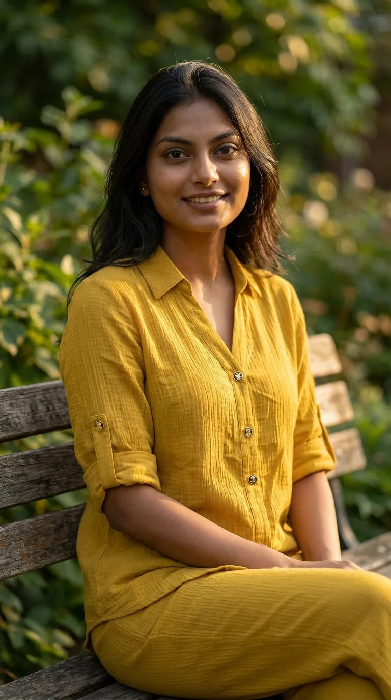 Woman wearing a mustard yellow textured shirt co-ord set from Karchobi, sitting on a bench outdoors.