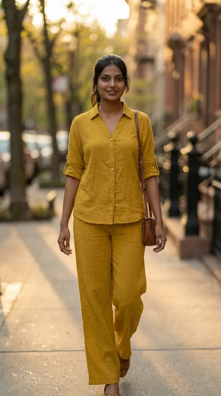 Woman wearing mustard yellow textured co-ord shirt set from Karchobi, walking outdoors