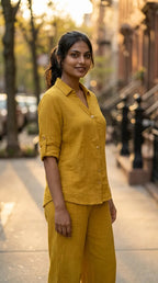 Woman wearing Karchobi mustard yellow textured shirt co-ord set outdoors