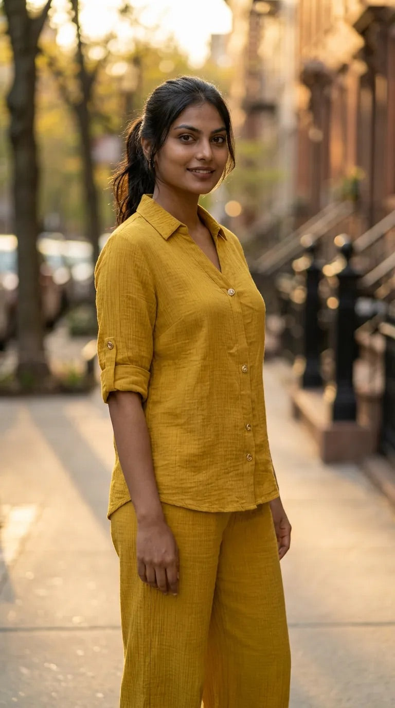 Woman wearing Karchobi mustard yellow textured shirt co-ord set outdoors