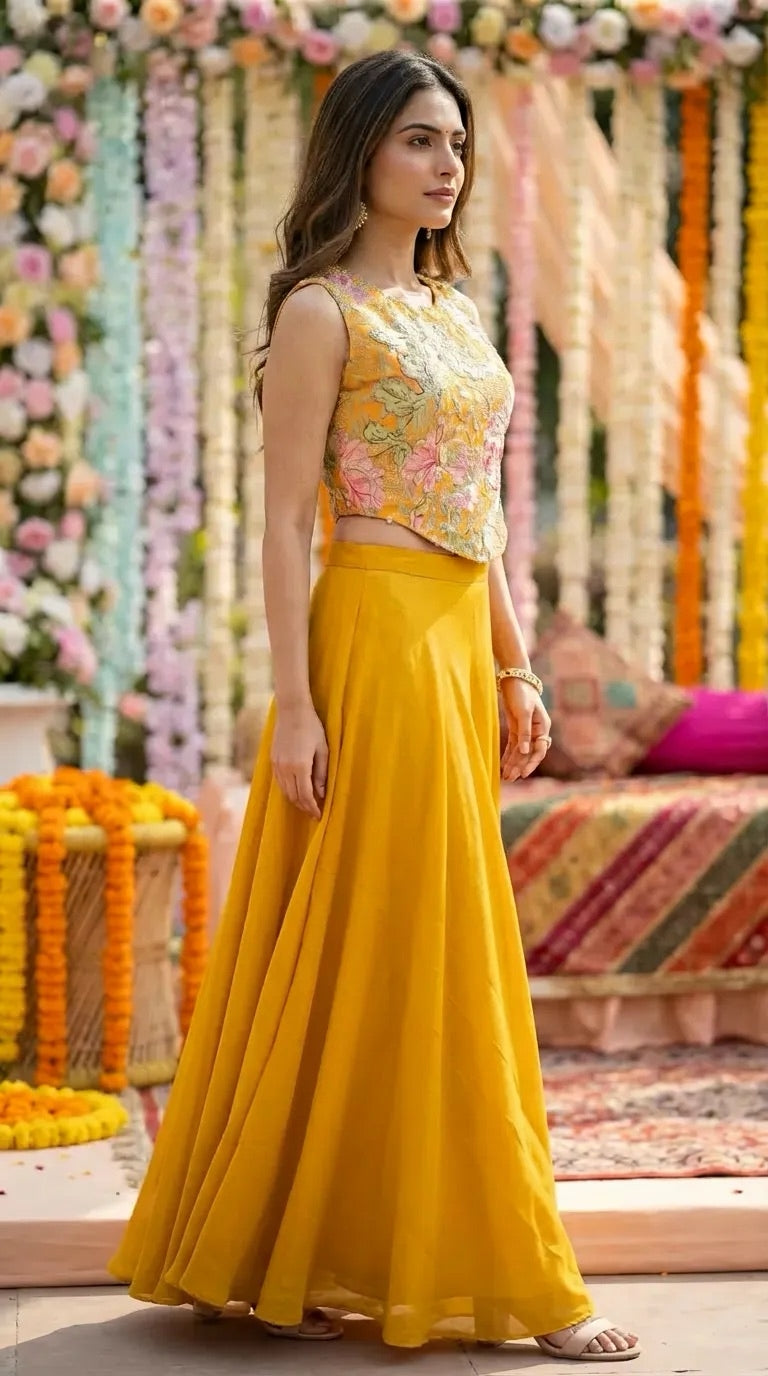 Woman in mustard floral embroidered corset blouse and skirt set at Karchobi, floral decor backdrop