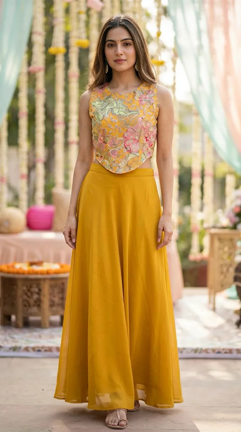 Woman wearing Karchobi mustard floral embroidery corset blouse and skirt set, outdoor setting