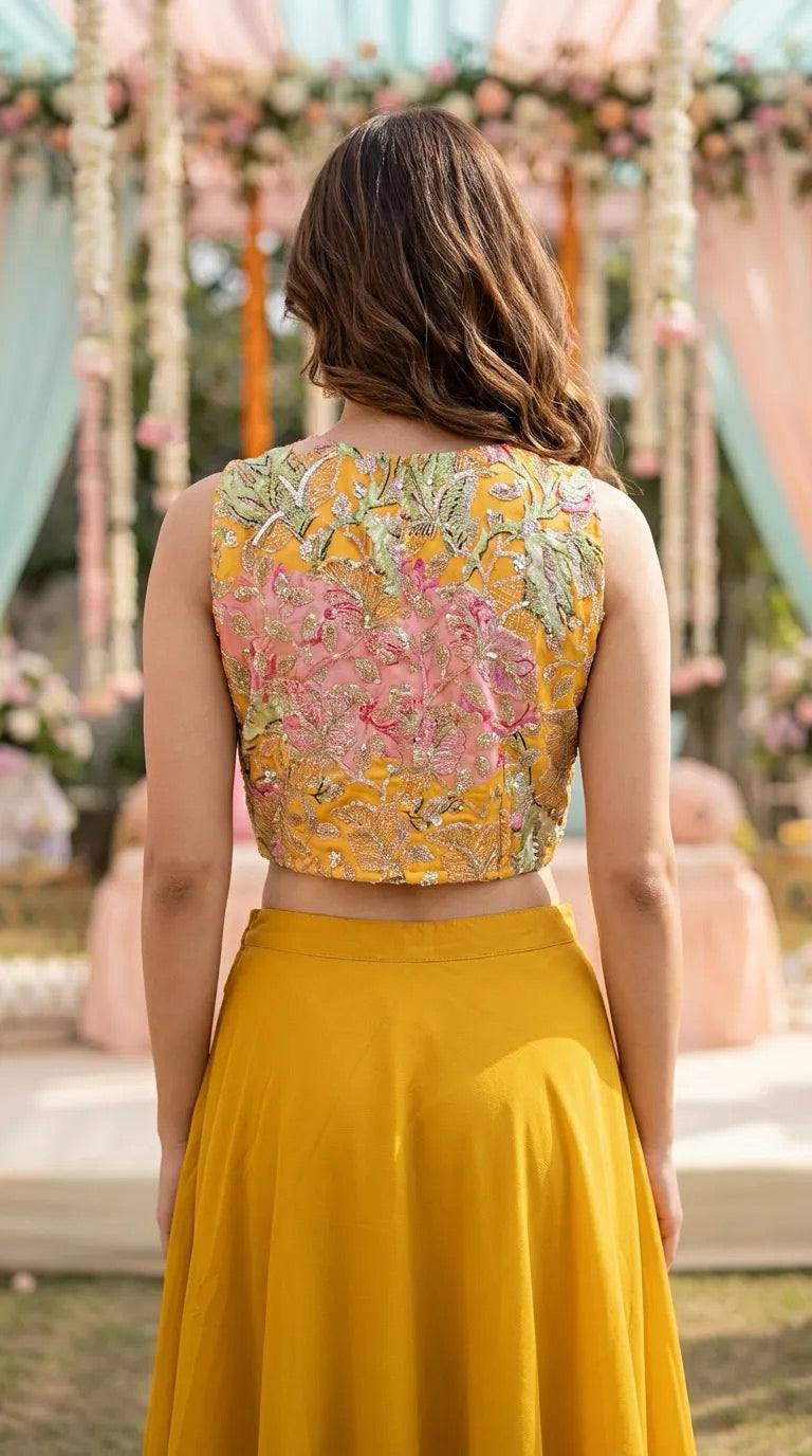 Woman wearing mustard floral embroidered corset blouse and skirt set at outdoor event.