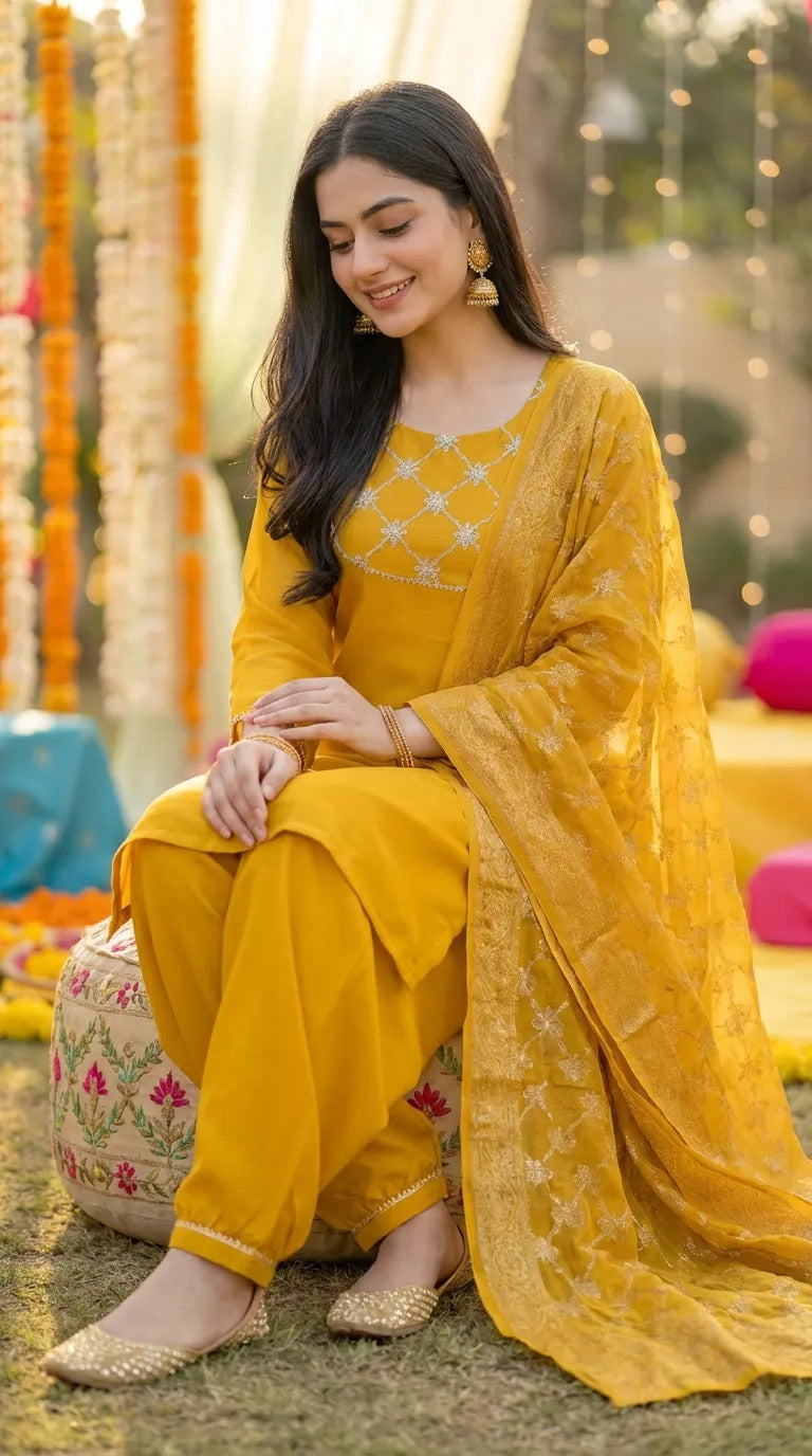 Woman wearing mustard Karchobi kurta Afghani salwar set with gota lace, sitting outdoors