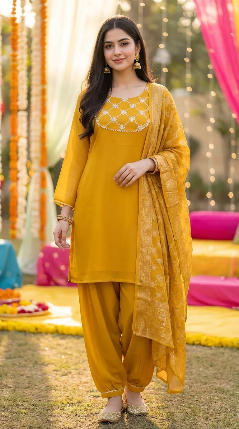 Woman wearing mustard gota lace neck kurta Afghani salwar set from Karchobi outdoors