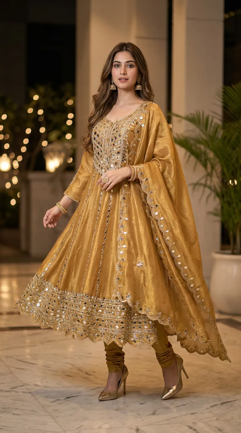 Woman wearing mustard shimmer Anarkali dress with mirror work from Karchobi, elegant evening setting