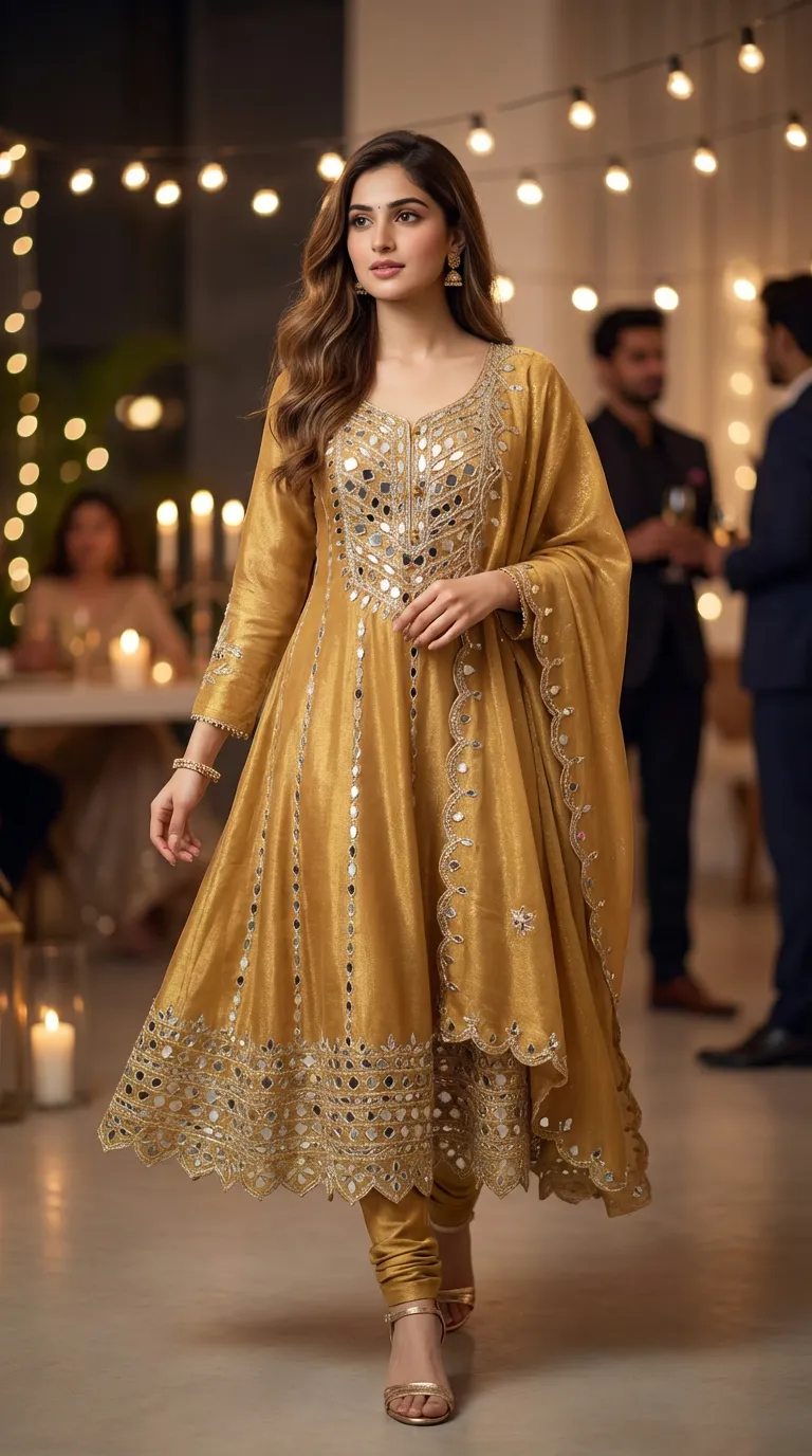 Woman wearing mustard shimmer mirrorwork Anarkali set from Karchobi at an elegant party