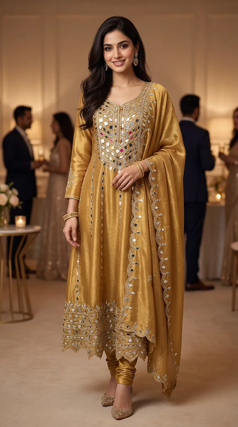 Woman in mustard shimmer mirrorwork Anarkali set, festive Indian outfit from Karchobi